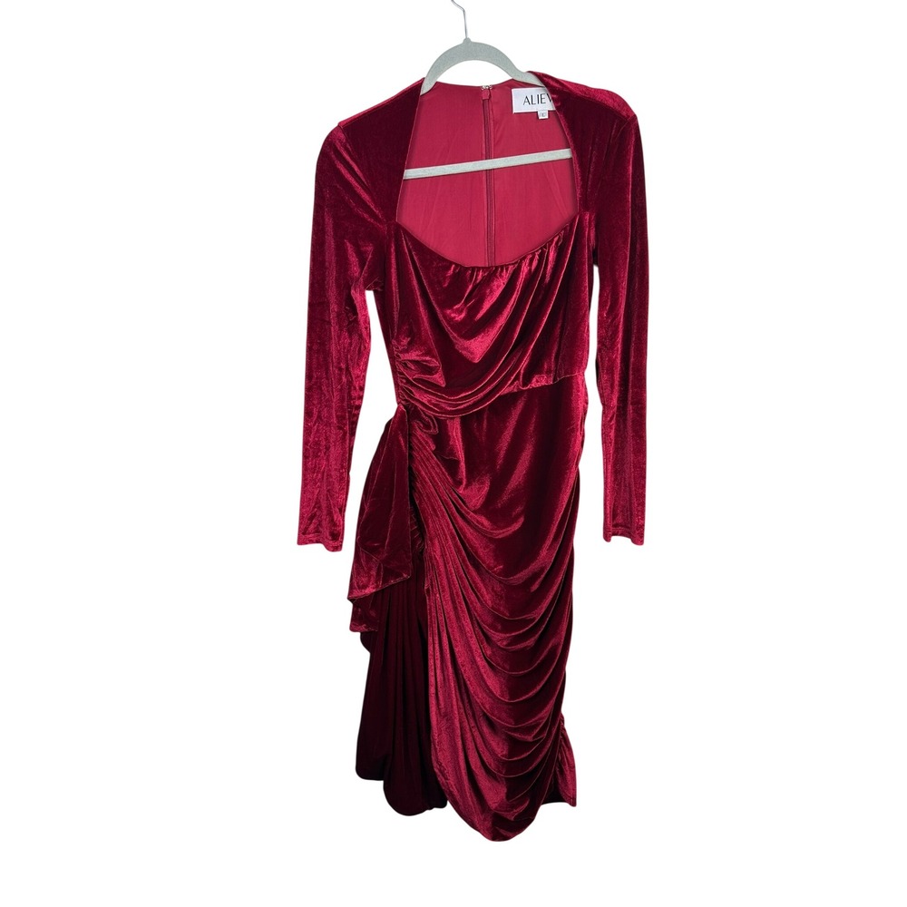 Alieva Velvet Midi Dress Women Large Red Excellent Ruched Asymmetrical Glam